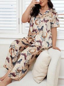 Plus Butterfly Print Contrast Piping Satin PJ Set - Multicolor - View 1