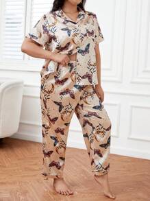 Plus Butterfly Print Contrast Piping Satin PJ Set - Multicolor - View 5