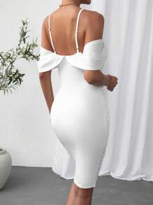 SHEIN Privé 挖肩褶邊鬱金香下擺緊身連衣裙 - 白色 - 查看 3