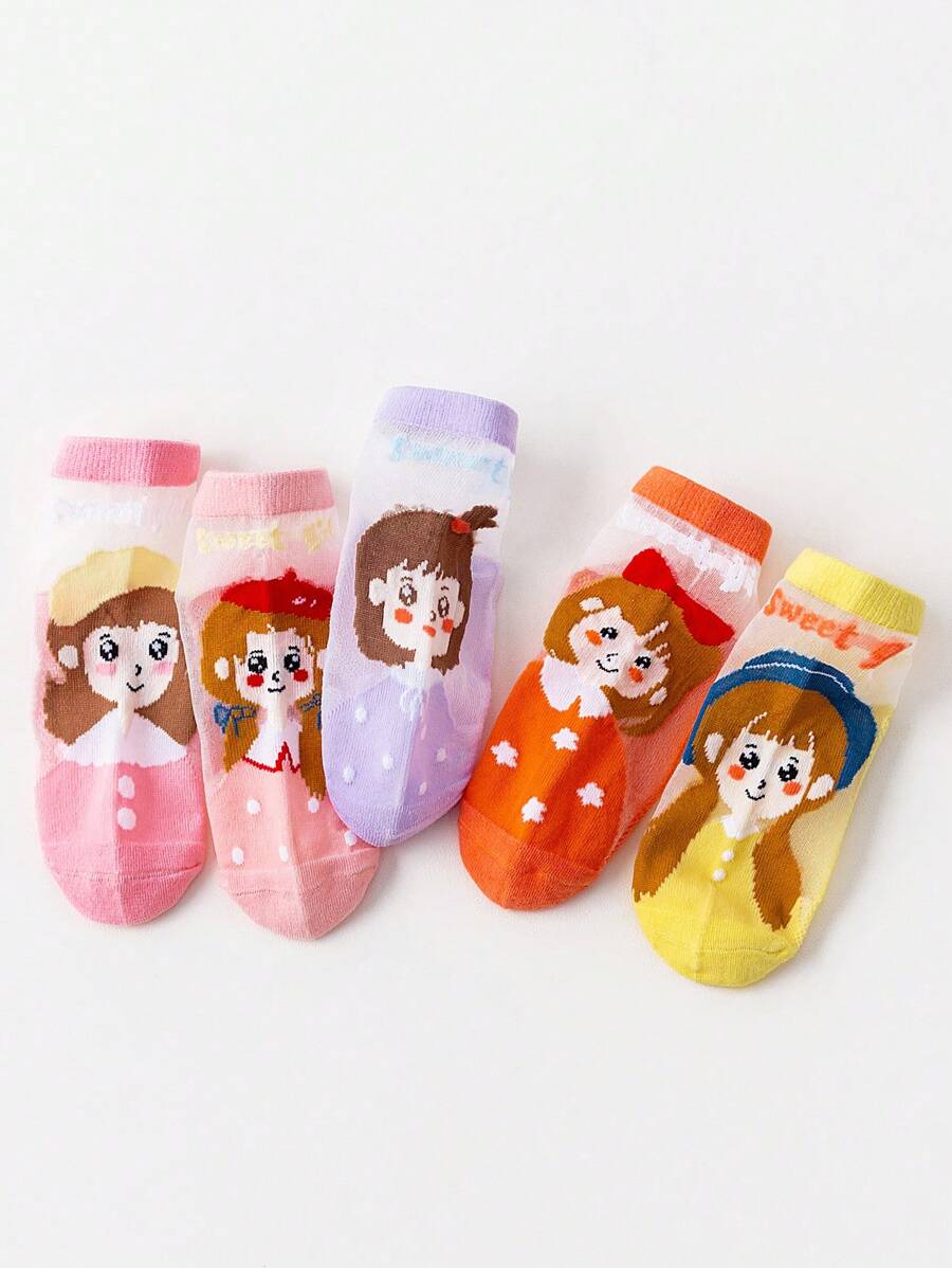 5雙女孩人像圖案可愛短襪適合夏天 - 彩色 - 查看 1