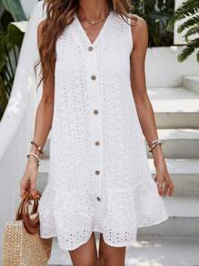 SHEIN VCAY 網眼刺繡荷葉邊娃娃裙 - 白色 - 查看 3