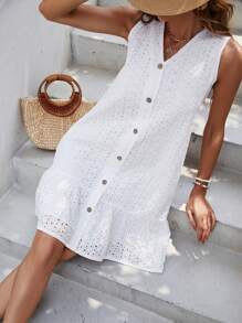 SHEIN VCAY 網眼刺繡荷葉邊娃娃裙 - 白色 - 查看 6