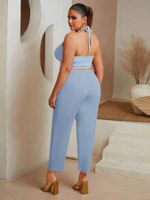 SHEIN SXY Quần Plus Size Chia màu trơn Giải trí - Màu xanh nhạt - Xem 2