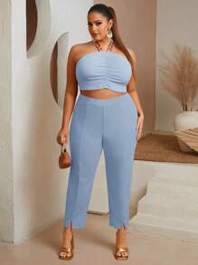 SHEIN SXY Quần Plus Size Chia màu trơn Giải trí - Màu xanh nhạt - Xem 5