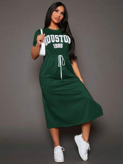 SHEIN SXY Women Dresses Kolor Split Thigh Huruf Casual