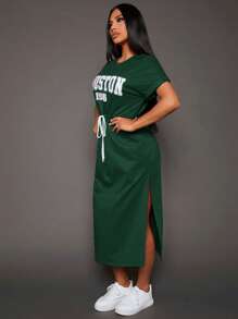 SHEIN SXY Summer;Letter Graphic Drawstring Waist Dress - Dark Green - View 3