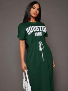 SHEIN SXY Summer;Letter Graphic Drawstring Waist Dress - Dark Green - View 4
