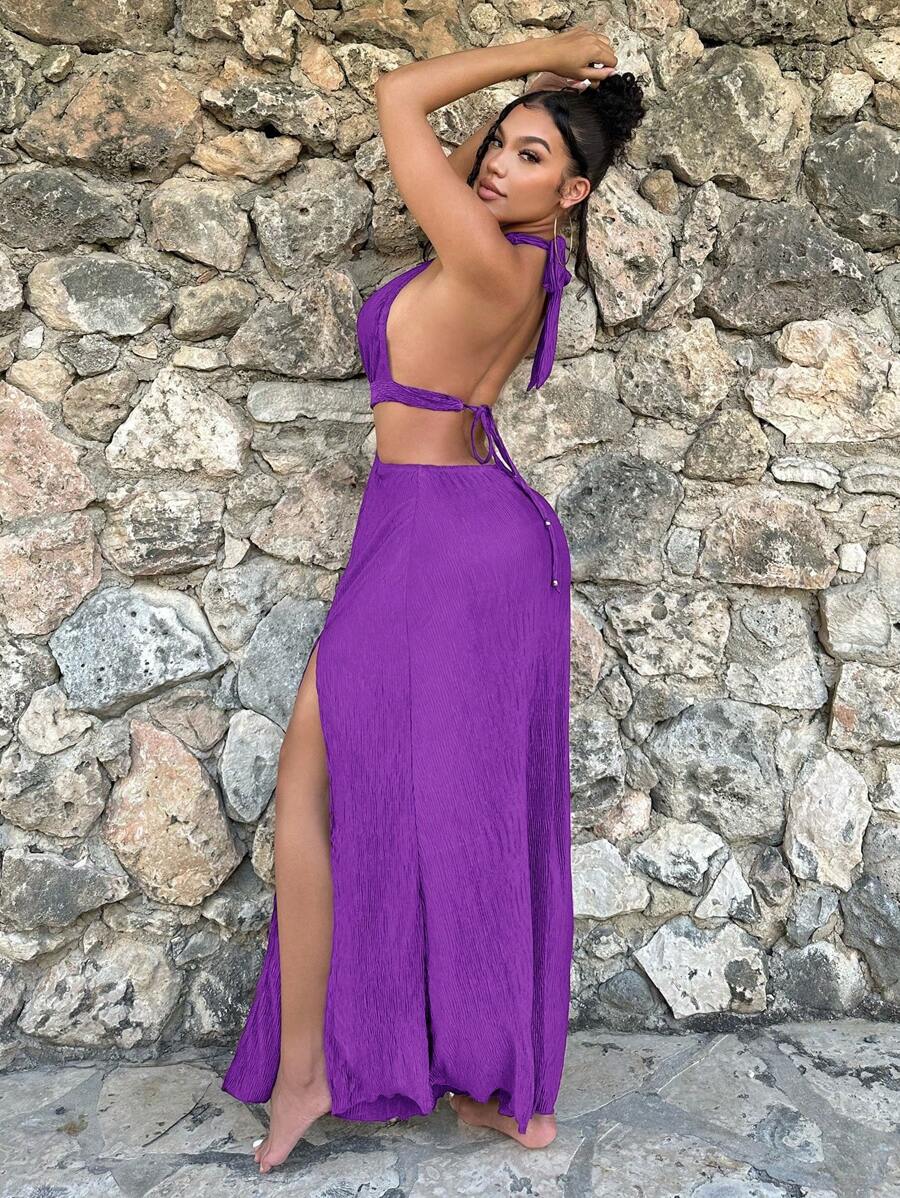 SHEIN SXY Cut Out Tie Backless Split Thigh Halter Neck Dress - Purple - View 1