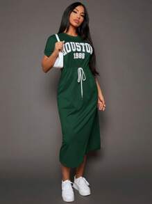 SHEIN SXY Summer;Letter Graphic Drawstring Waist Dress - Dark Green - View 5