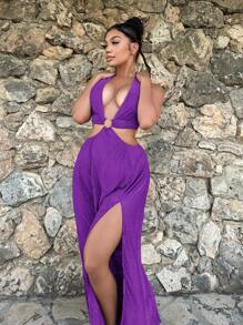 SHEIN SXY Cut Out Tie Backless Split Thigh Halter Neck Dress - Purple - View 4