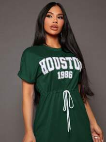 SHEIN SXY Summer;Letter Graphic Drawstring Waist Dress - Dark Green - View 7