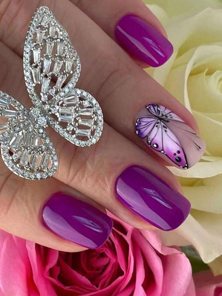 使用24入組長方形紫色素色蝴蝶印花假指甲和1入組指甲銼和1張膠帶立即升級您造型 - 彩色 - 查看 1