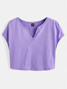 SHEIN BASICS Notched Neck Batwing Sleeve Crop Tee