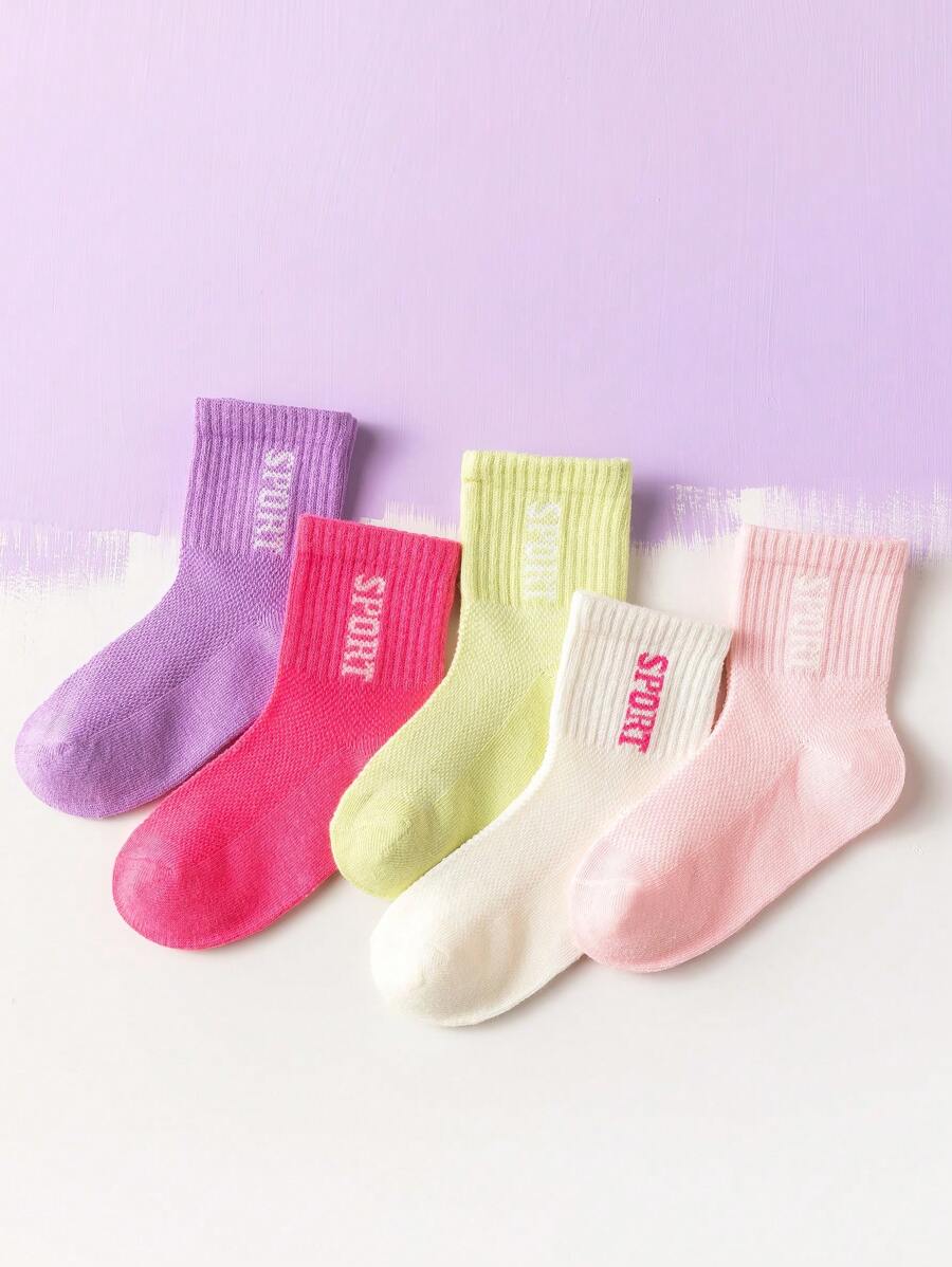 5雙女孩字母圖案休閒中筒襪適合春天和夏天
