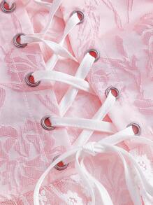 SHEIN MOD 前打結花邊褶下擺提花寬背帶上衣 - 淺粉色 - 查看 3