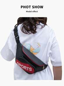 1pc Letter Graphic Large Capacity Running Bag - Black - View 5