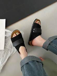 女性極簡風格魔術貼帶時尚涼鞋黑色 - 黑色 - 查看 4