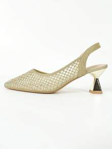 Women Rhinestone Decor Slingback Pumps, Mesh Point Toe Pyramid Heeled Glamorous Pumps - Gold - View 4