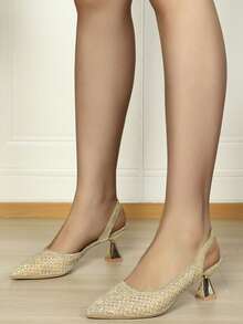 Women Rhinestone Decor Slingback Pumps, Mesh Point Toe Pyramid Heeled Glamorous Pumps - Gold - View 7