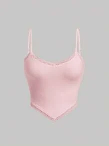 SHEIN MOD Áo khoác và áo lót dành cho xe tăng nữ Bất đối xứng Tương phản ren Gân đan màu trơn Giải trí - Màu Hồng baby - Xem 1