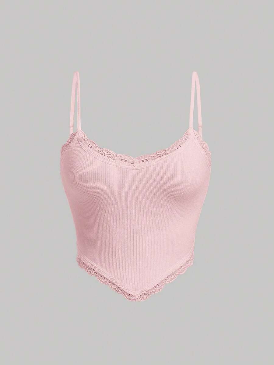 SHEIN MOD Áo khoác và áo lót dành cho xe tăng nữ Bất đối xứng Tương phản ren Gân đan màu trơn Giải trí - Màu Hồng baby - Xem 1