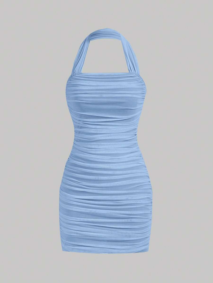 SHEIN MOD Solid Ruched Halter Bodycon Dress - Baby Blue - View 1