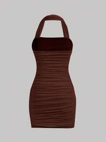 SHEIN MOD Vestido ajustado unicolor fruncido halter - Marrón Chocolate - Ver 2