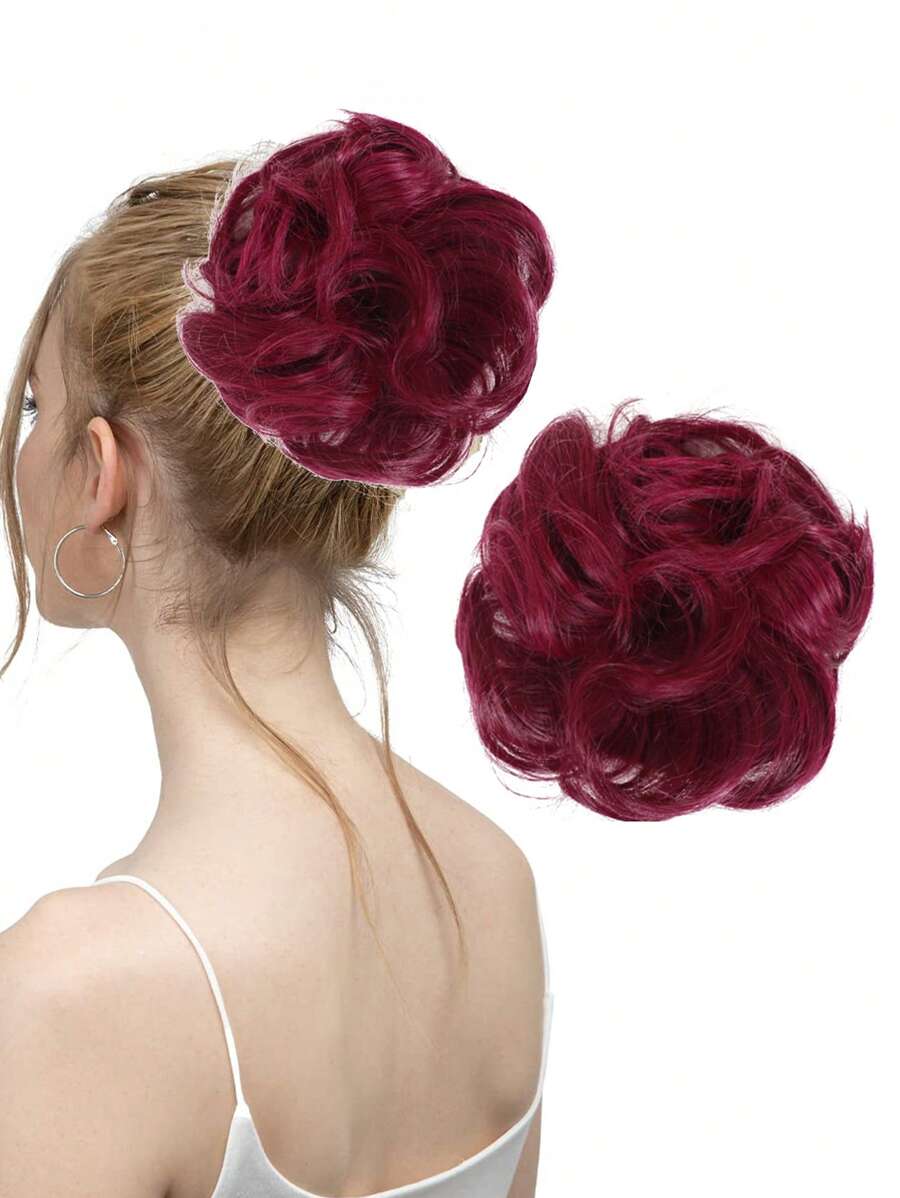 Short Curly Synthetic Hair Buns - Burgundy - View 1