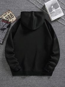 Men Cartoon & Slogan Graphic Drawstring Thermal Lined Hoodie - Black - View 2