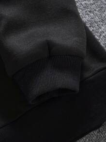 Men Cartoon & Slogan Graphic Drawstring Thermal Lined Hoodie - Black - View 5