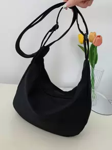 Medium Hobo Bag Solid Color Unisex Style - Black - View 2