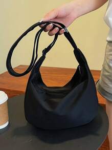 Medium Hobo Bag Solid Color Unisex Style - Black - View 5