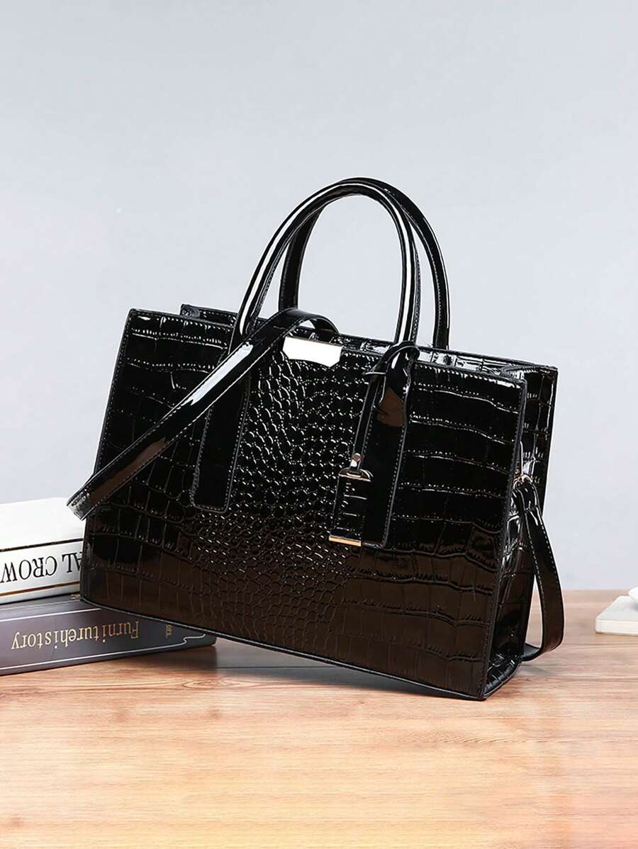 Túi có tay cầm màu đen dập nổi cá sấu đi làm dành cho các cô gái tuổi teen Nữ sinh viên đại học, tân binh & nhân viên văn phòng Hoàn hảo cho văn phòng, nơi làm việc, kinh doanh, đi làm Túi đi làm tốt nhất cho nữ - màu đen - Xem 1