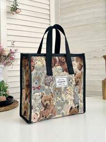 Letter Patch Square Bag Cartoon Bear Pattern Double Handle For DailyhandbagVintage,CasualAnimal PrintLarge Capacity,PortableFor Girl,For WomanOutdoors, Travel, Outings,Holiday,Beach,Shopping - Multicolor - View 1