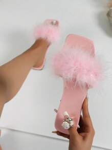 女性毛絨裝飾魅力四射夏天平底涼鞋 - 淺粉色 - 查看 1