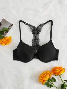 Contrast Lace Front-Close Bra Lingerie - Black - View 1