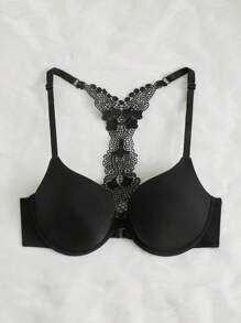 Contrast Lace Front-Close Bra Lingerie - Black - View 3