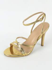 女性金屬質感蛇皮壓花交叉細跟魅力四射夏天踝帶平底涼鞋 - 金色 - 查看 5