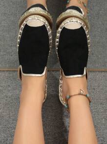 2025 MOSOCT New Arrival Closed Toe Jute Sandals, Rope Shoes. Women's Fashion Floral Print Round Toe Slip-On Beach Sandals, Non-Slip Outdoor Casual Flat Shoes For Travel, Holiday - Black - View 5