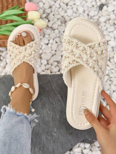 Preppy Wedge Slide Sandals For Women, Faux Pearl Decor Raw Trim Cross Strap Flatform Sandals Valentines