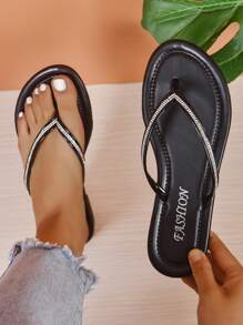 魅力四射T字帶涼鞋適合女士,水鑽裝飾平底涼鞋 - 黑色 - 查看 1