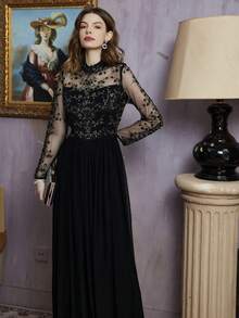 Contrast Floral Lace Bridesmaid Dress - Black - View 6