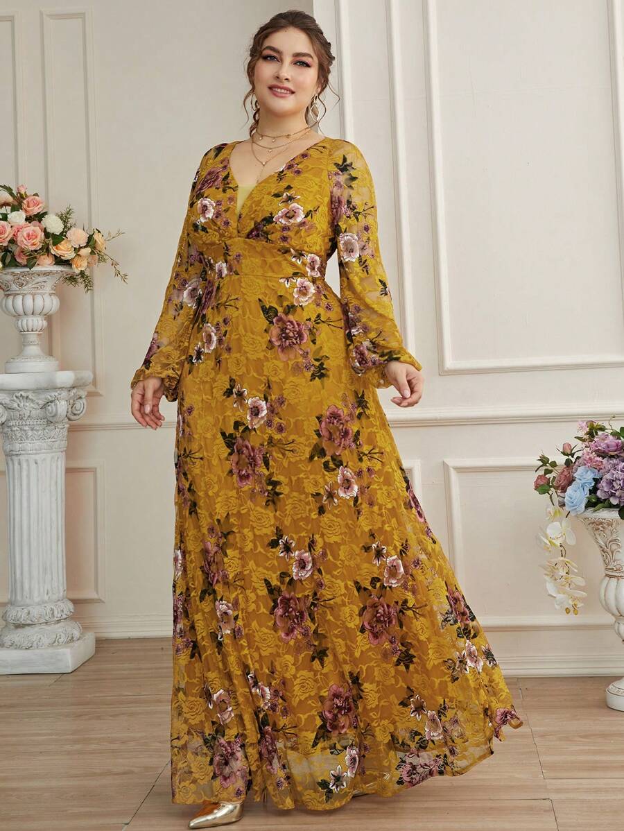 Plus Floral Pattern Lace Formal Dress - Ginger - View 1