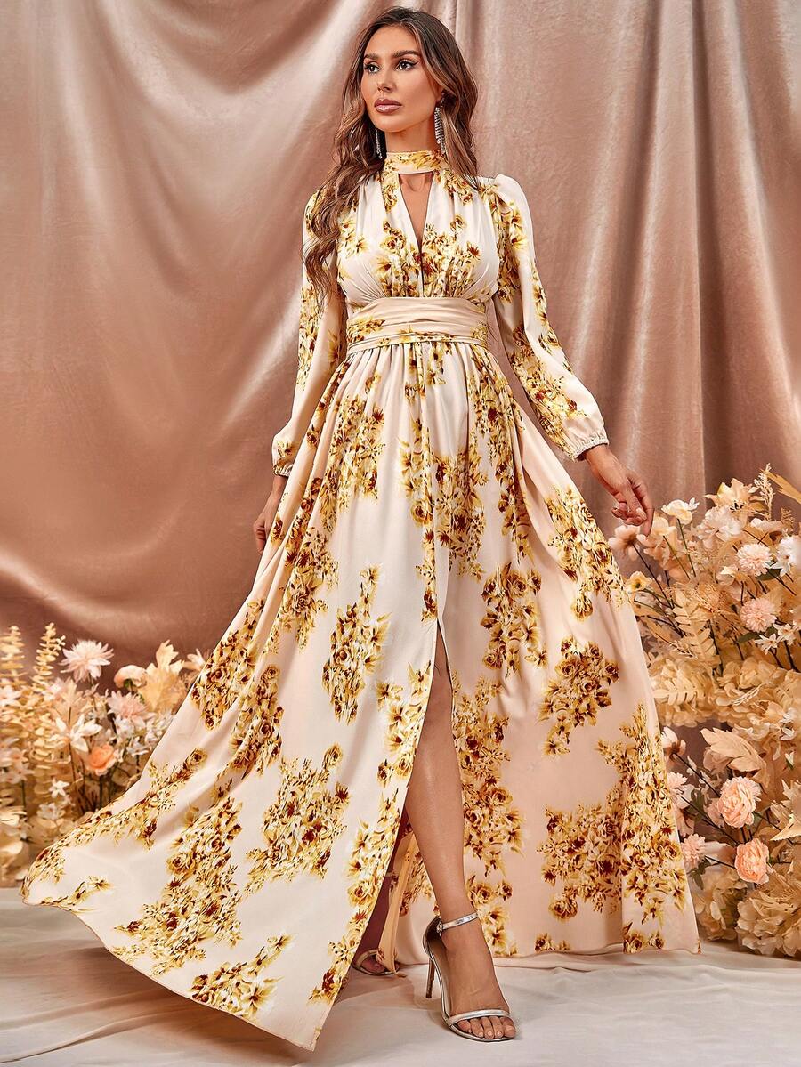 印花鎖眼領高衩伴娘連衣裙 - 黃色 - 查看 1