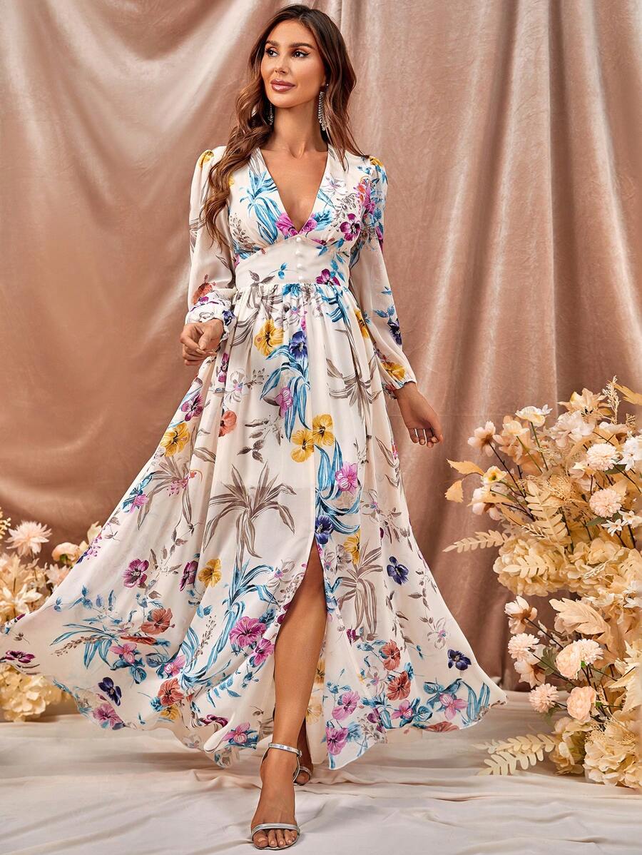 Floral Print Plunge Neck Split Thigh Dress - Multicolor - View 1