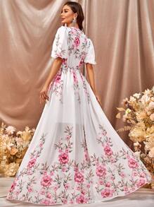 Vestido con estampado floral de cuello profundo de manga farol de gasa - Multicolor - Ver 2