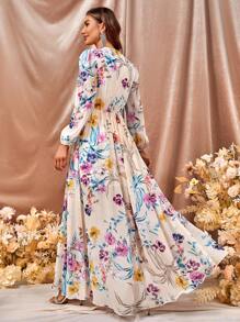 Floral Print Plunge Neck Split Thigh Dress - Multicolor - View 2