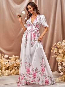 Vestido con estampado floral de cuello profundo de manga farol de gasa - Multicolor - Ver 5