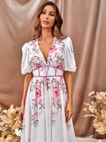 Vestido con estampado floral de cuello profundo de manga farol de gasa - Multicolor - Ver 6