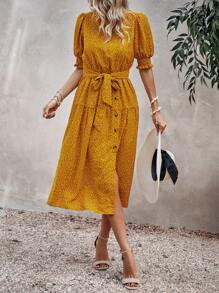 SHEIN LUNE 波點圖案泡泡袖繫腰帶連衣裙 - 黃色 - 查看 1